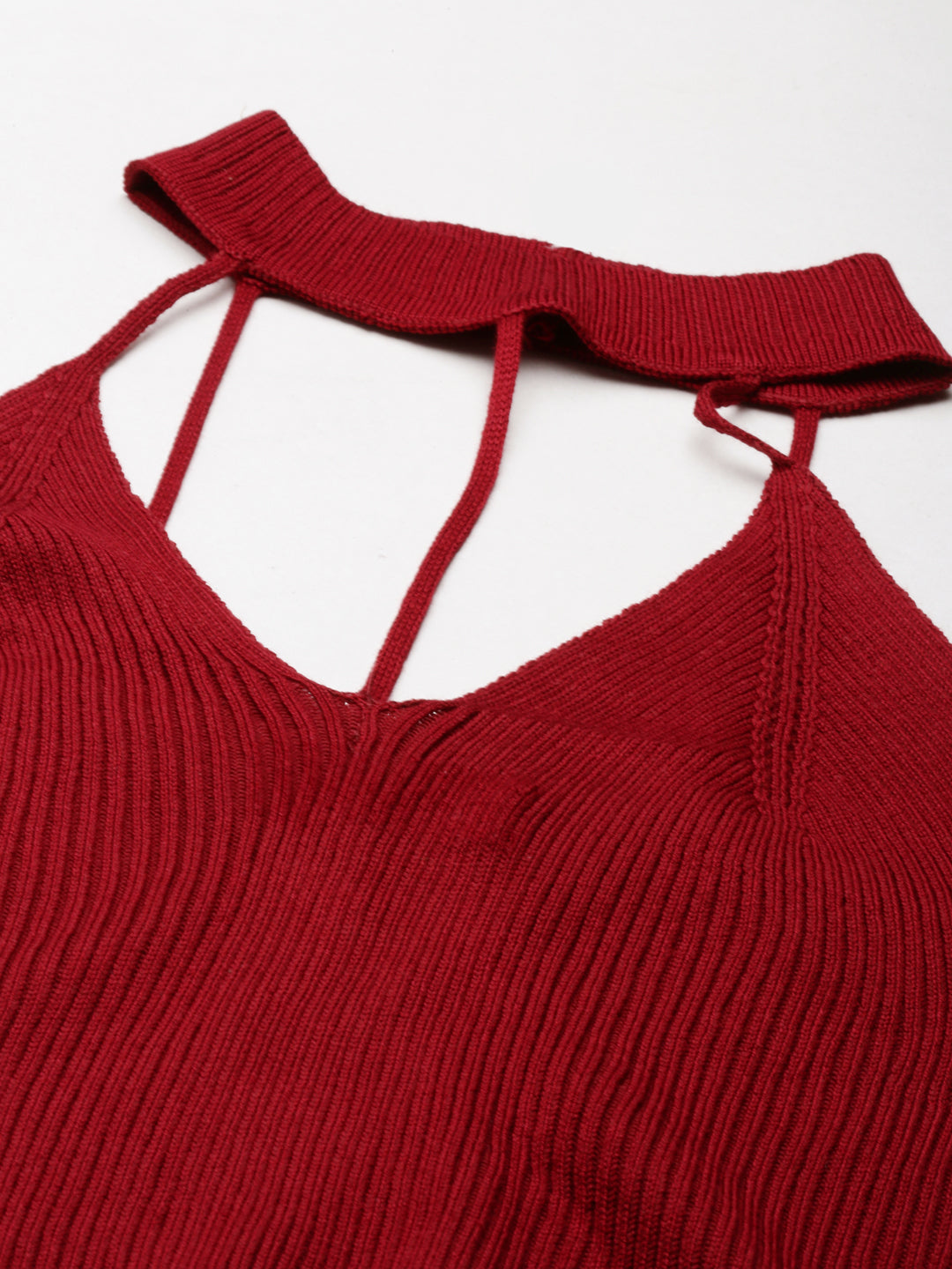 Women's Maroon Halter Neck Fitted Crop Top