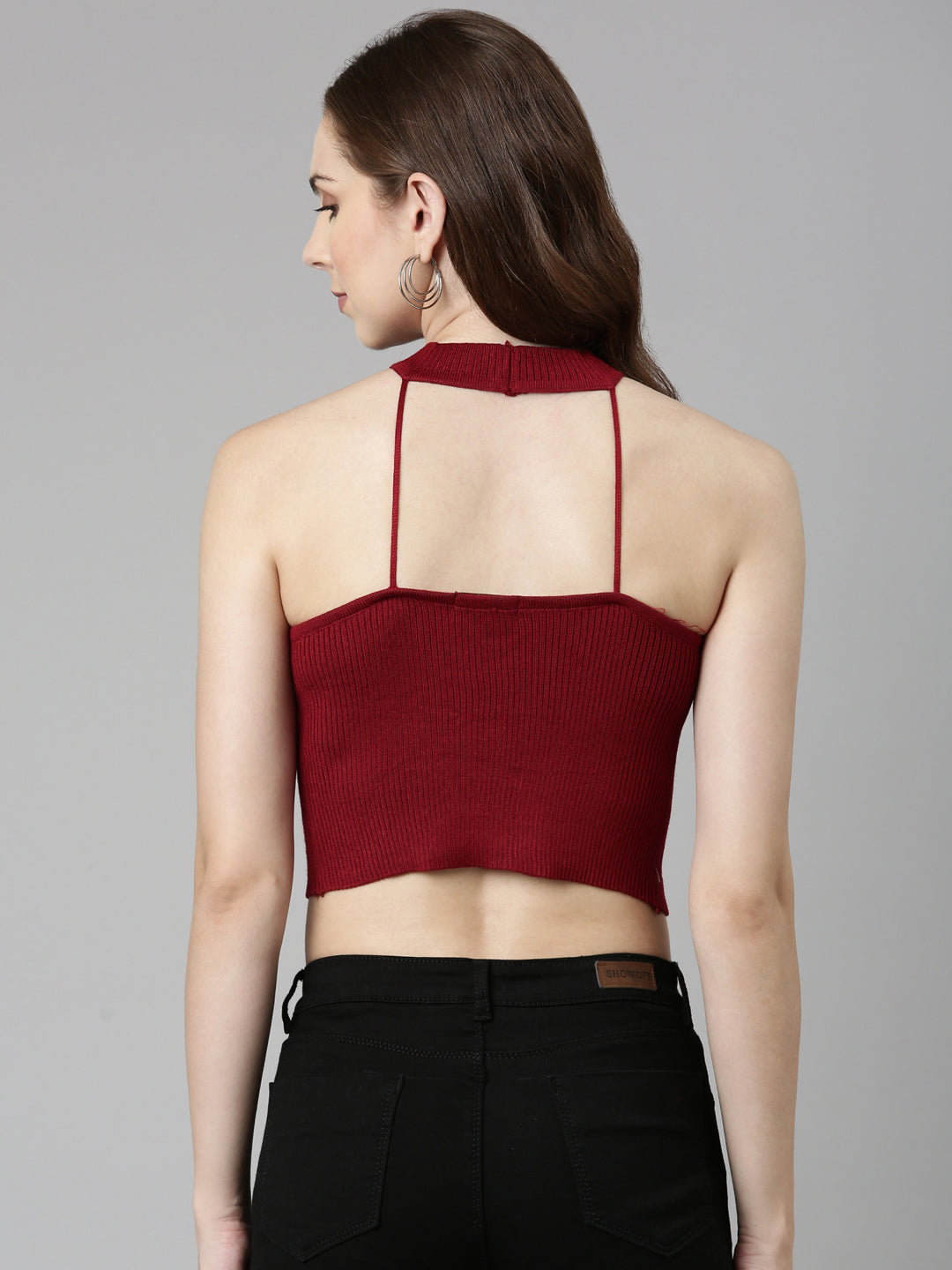 Women's Maroon Halter Neck Fitted Crop Top