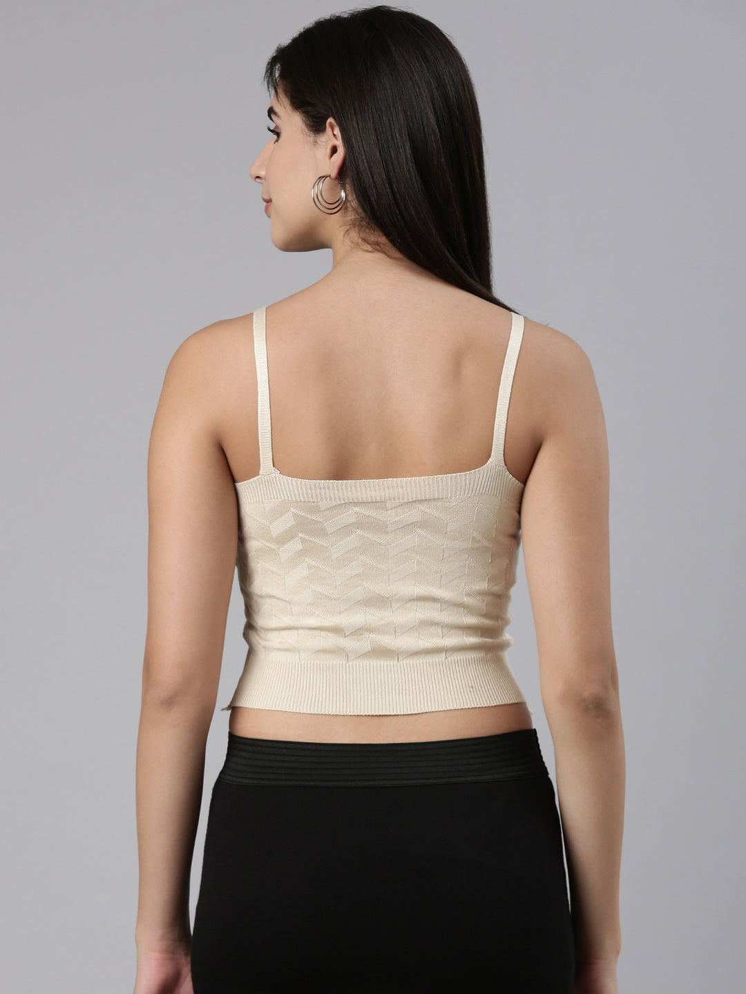 Women's Beige Shoulder Straps Ribbed Fitted Crop Top