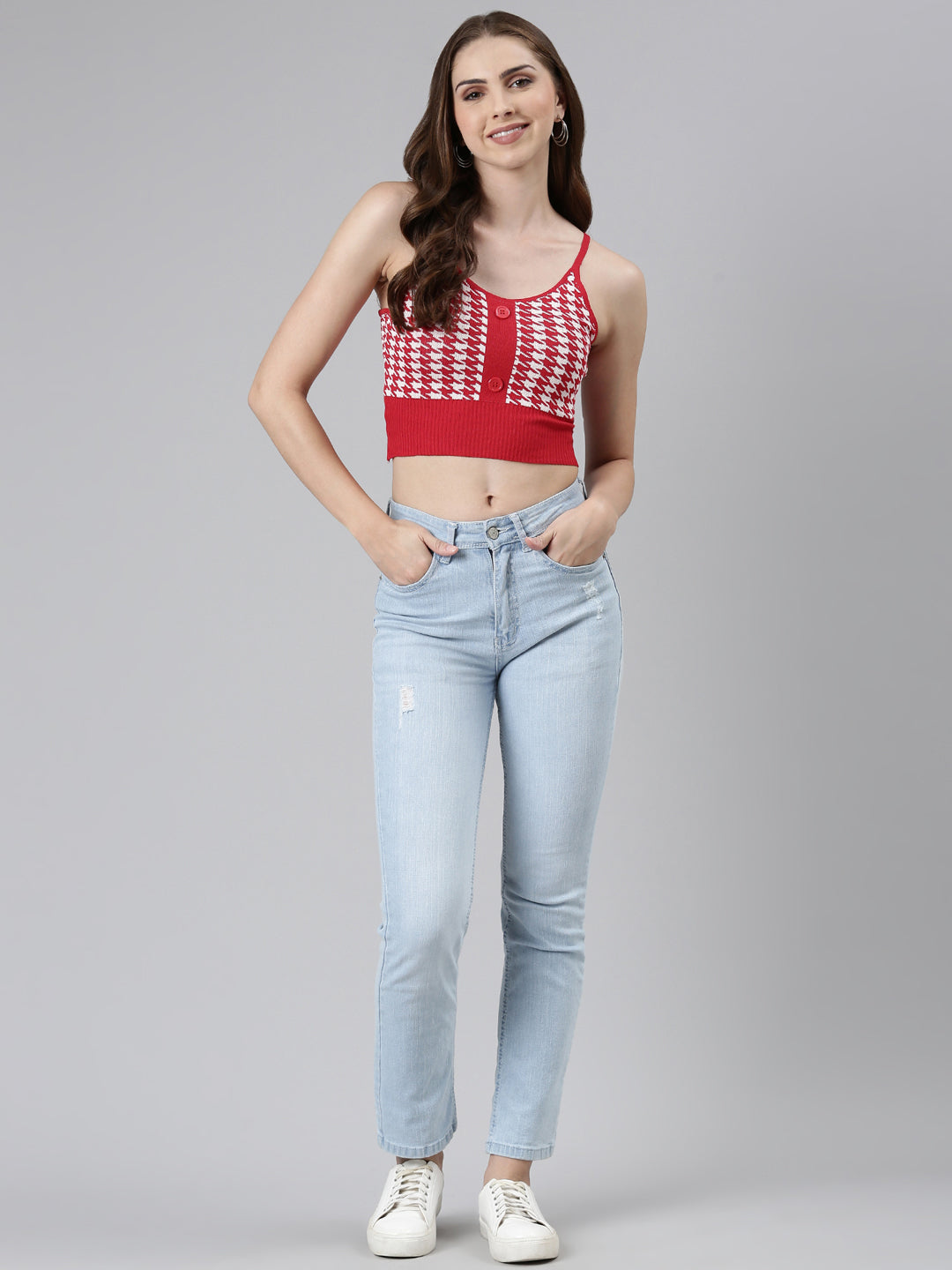 Women's Red Geometric Print Crop Tank Top