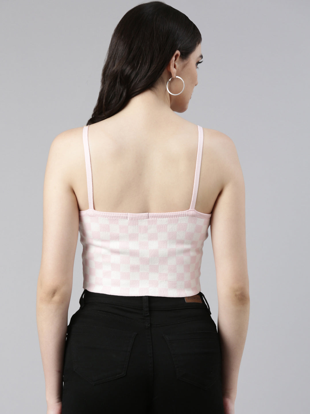 Women's Pink Geometric Printed Acrylic Shoulder Straps Fitted Crop Top
