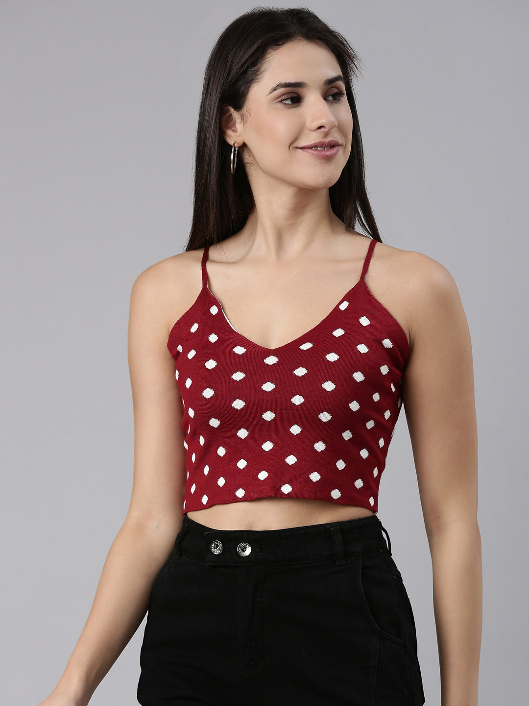 Women's Maroon Shoulder Straps Self Design Cotton Crop Top