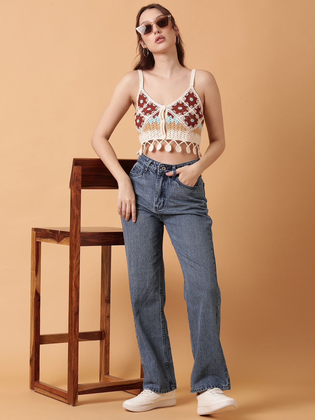 Women's Brown Solid Crochet Crop Top