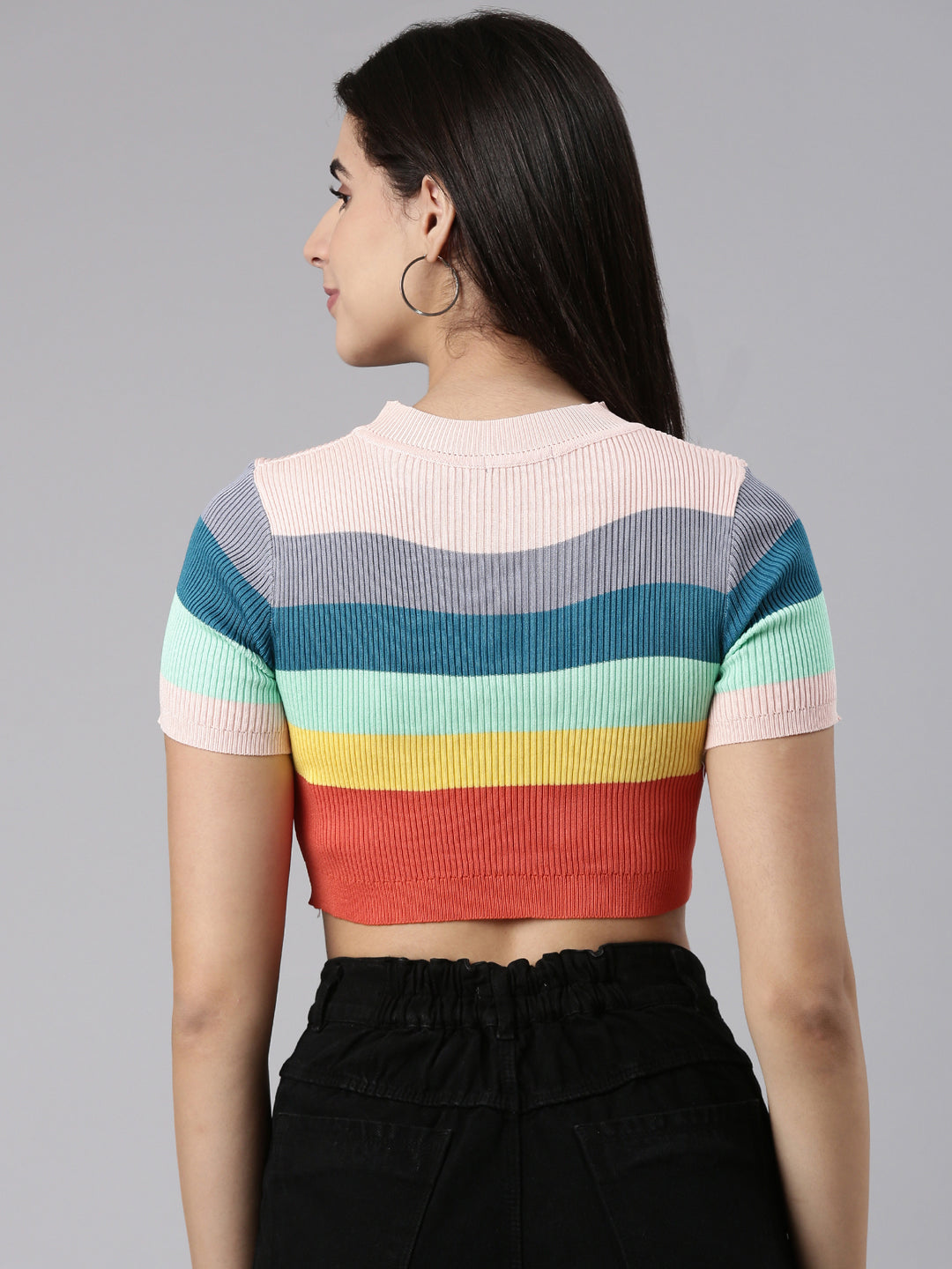 Women's Multi Striped Fitted Acrylic Crop Top