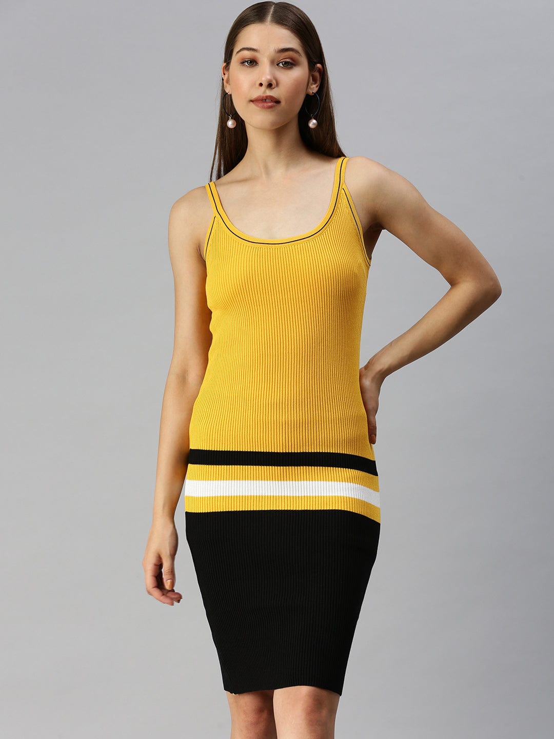 Women's Yellow Striped Bodycon Above Knee Sleeveless Dress