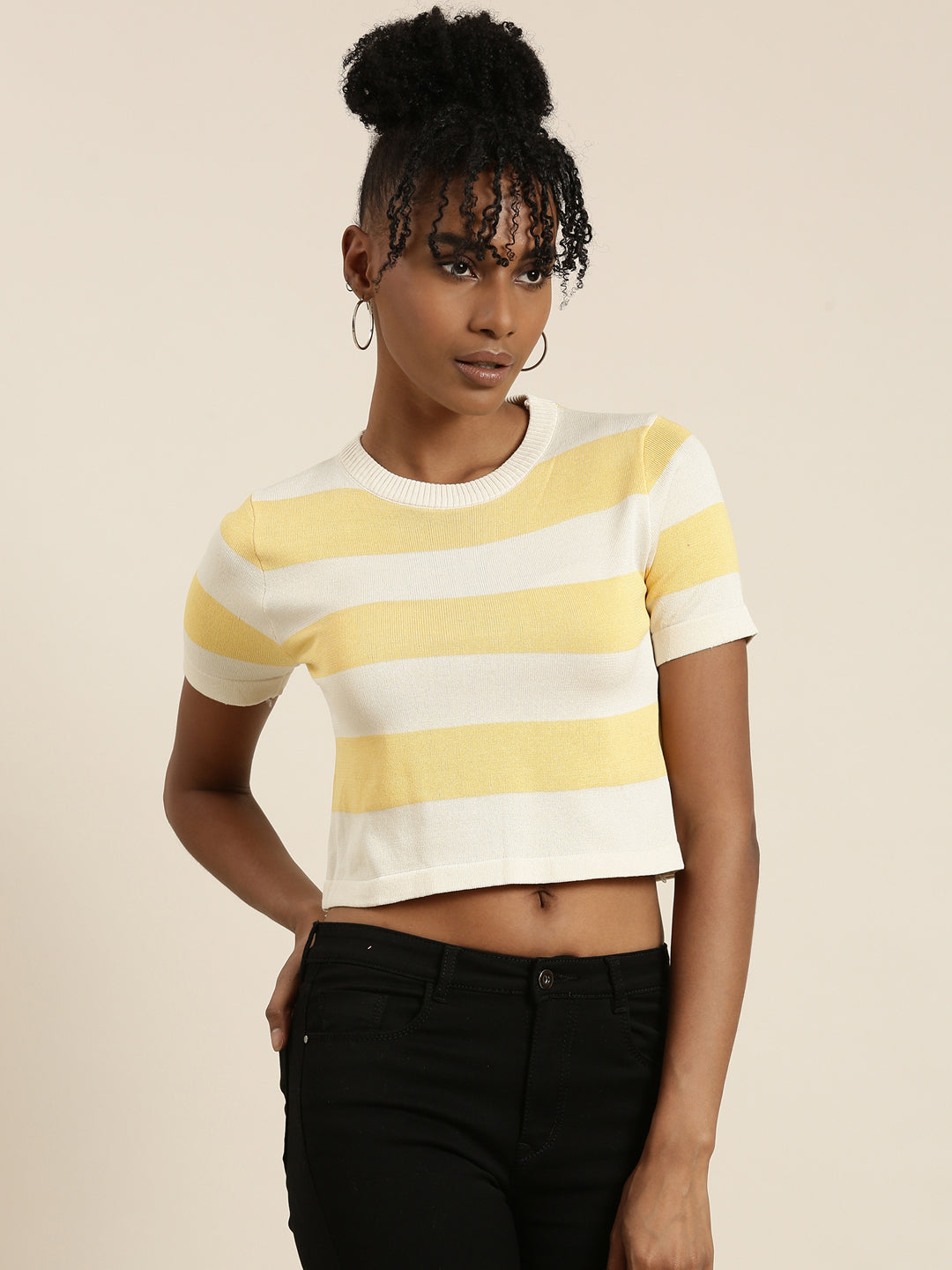 Women's Cream Striped Ribbed Crop Top