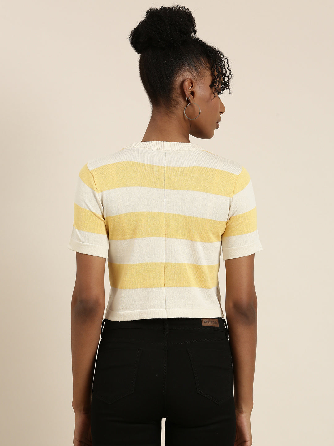 Women's Cream Striped Ribbed Crop Top