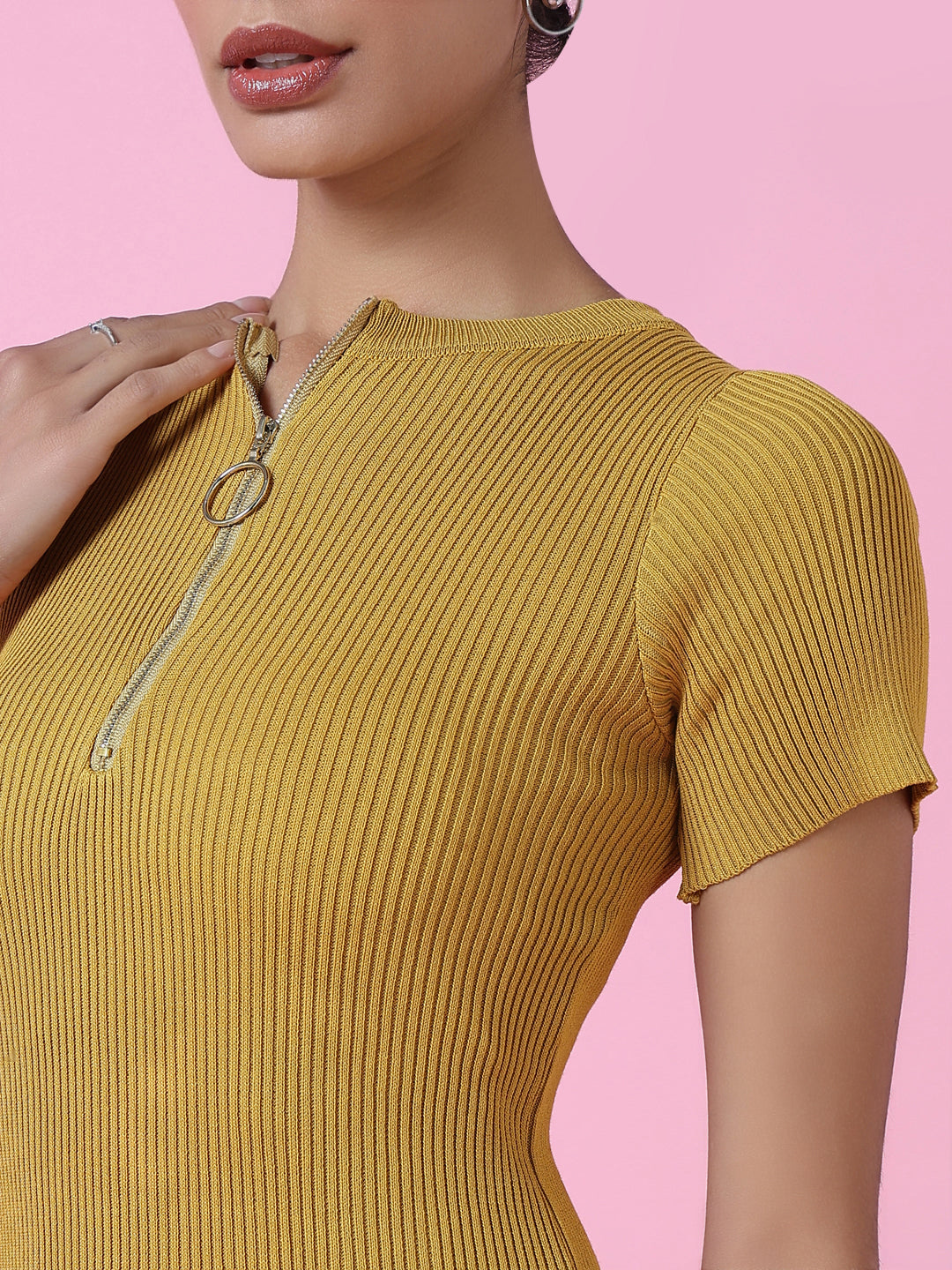 Women's Mustard Round Neck Solid Bodycon Dress