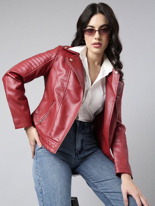 Women's Solid Red Biker Jacket