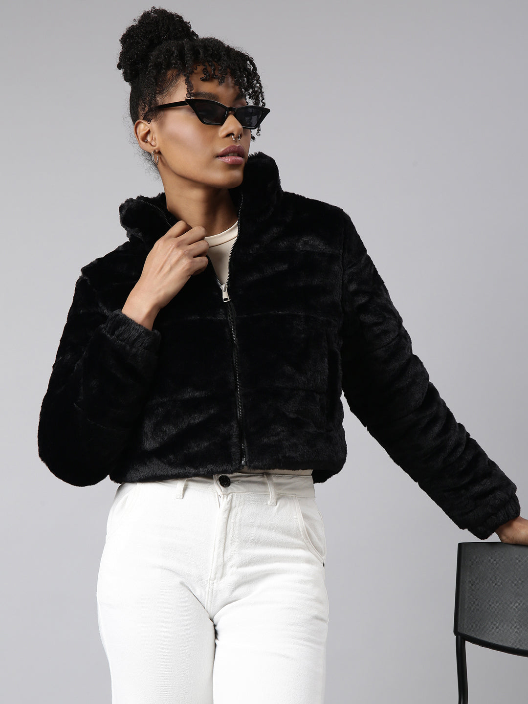 Women's Black Mock Collar Long Sleeves Crop Puffer Jacket