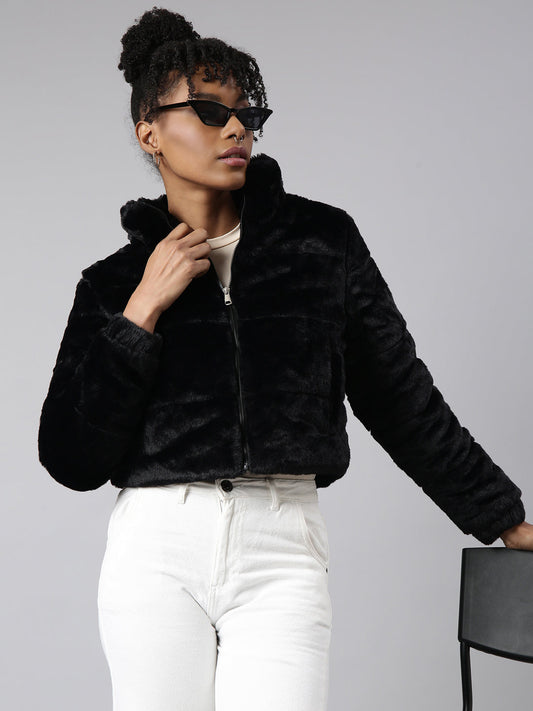 Women's Black Mock Collar Long Sleeves Crop Puffer Jacket