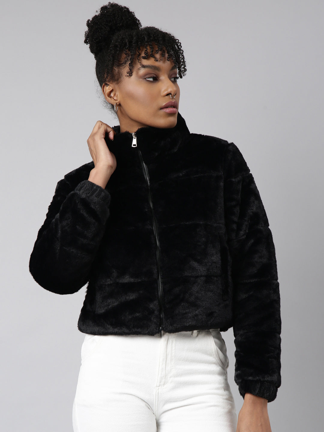 Women's Black Mock Collar Long Sleeves Crop Puffer Jacket