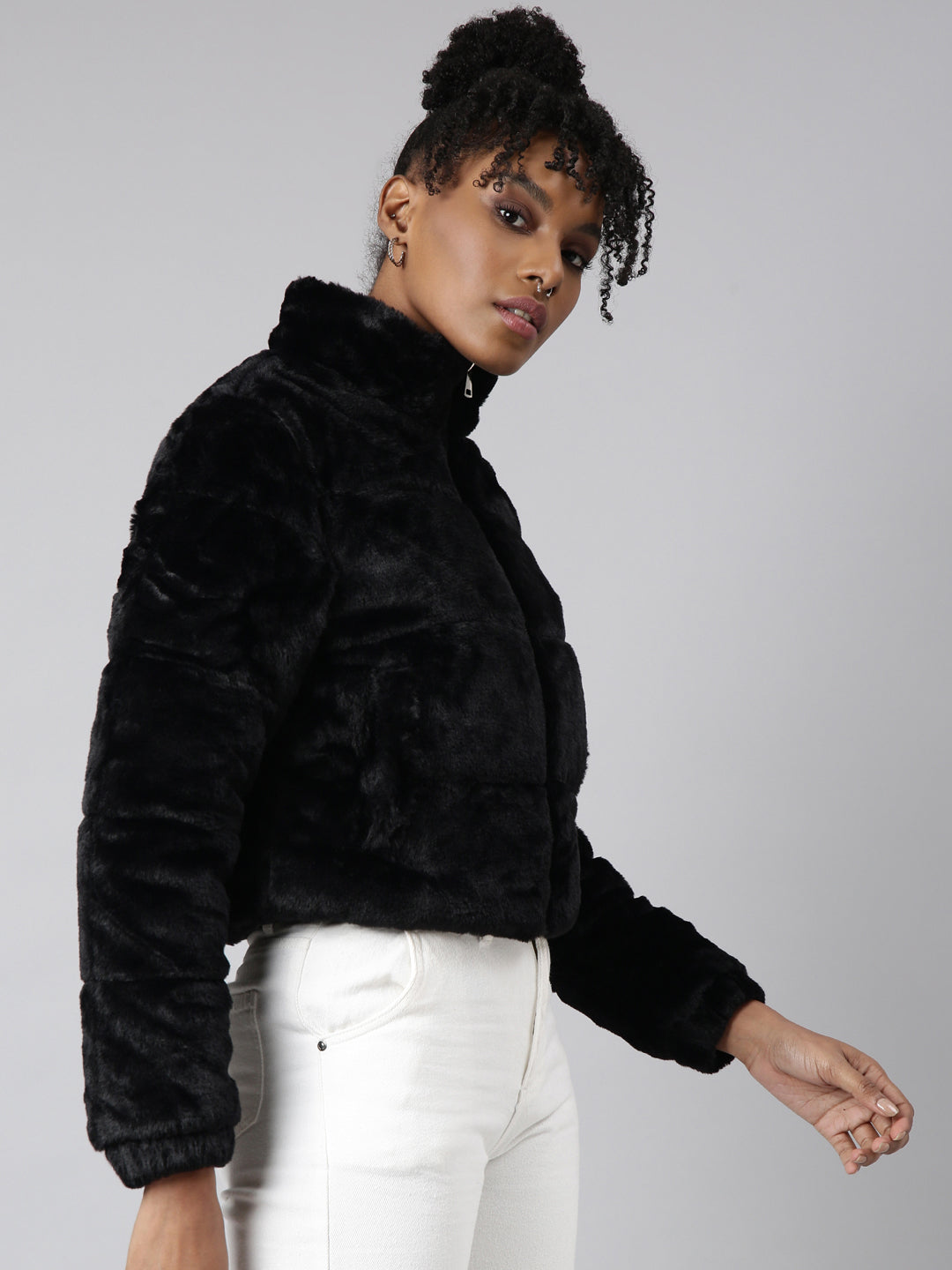 Women's Black Mock Collar Long Sleeves Crop Puffer Jacket