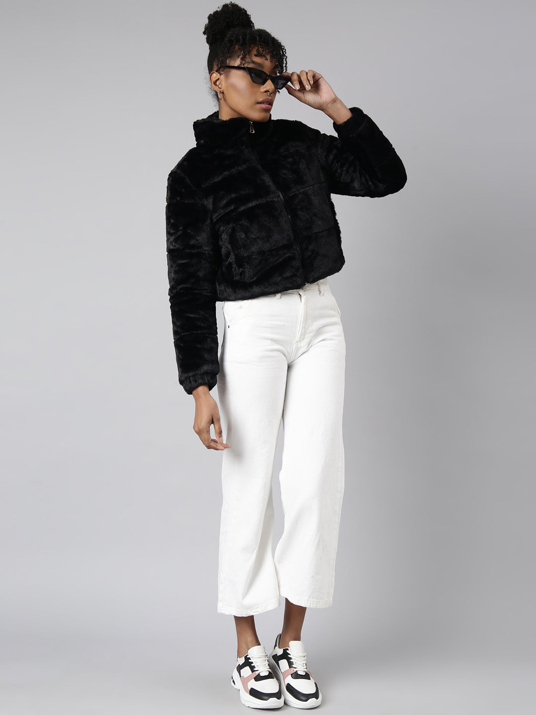Women's Black Mock Collar Long Sleeves Crop Puffer Jacket