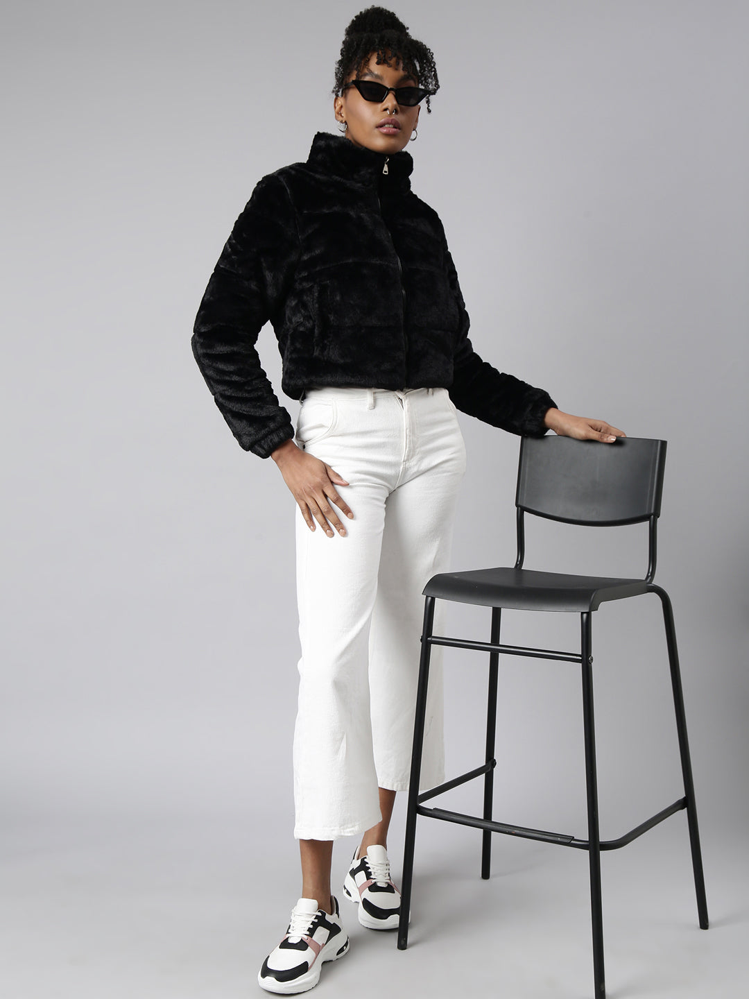 Women's Black Mock Collar Long Sleeves Crop Puffer Jacket