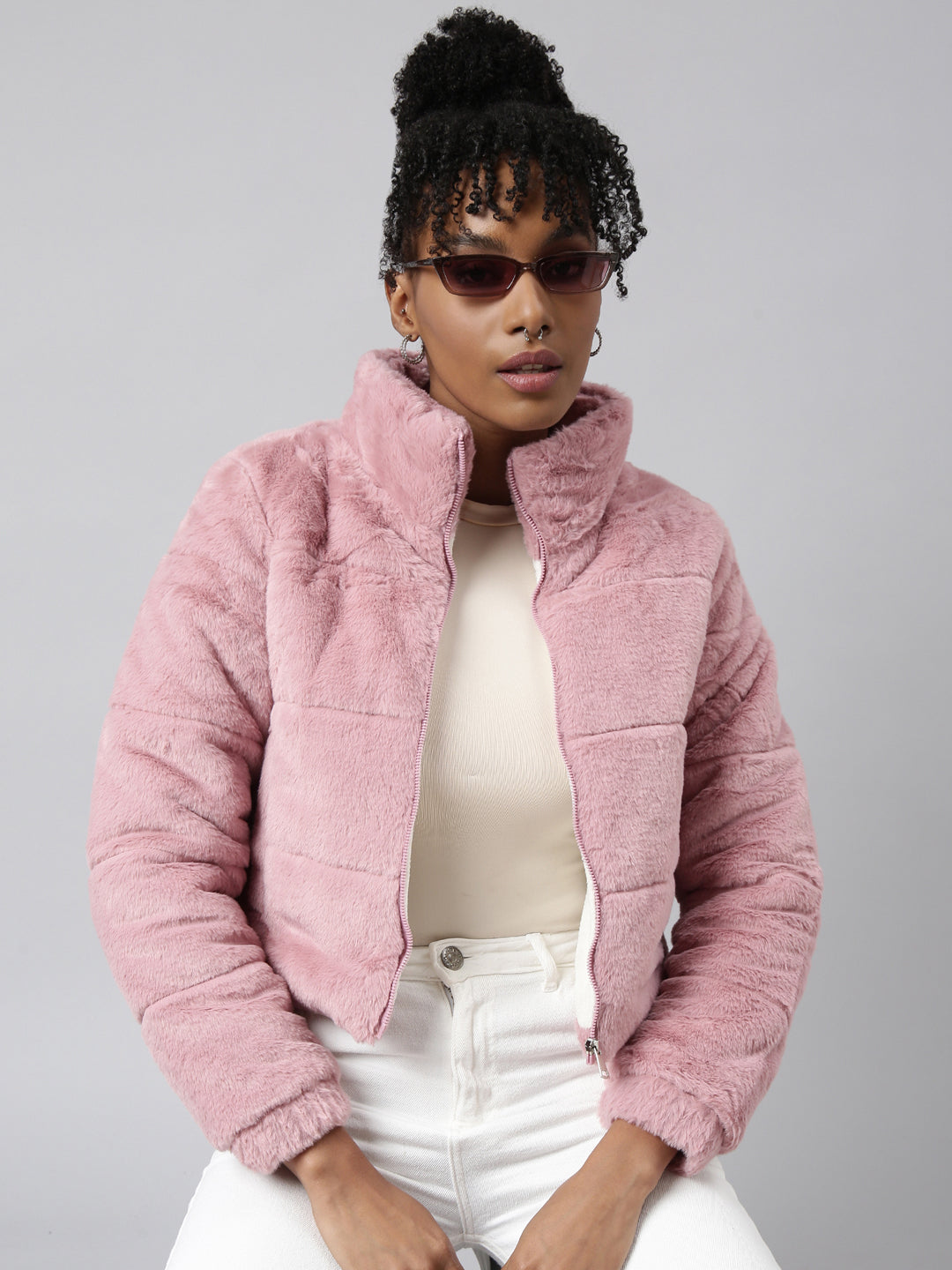 Women's Peach Self Design Faux Fur Puffer Jacket