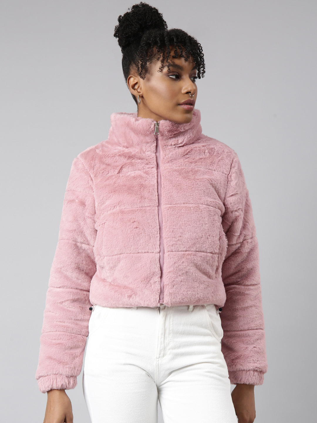 Women's Peach Self Design Faux Fur Puffer Jacket
