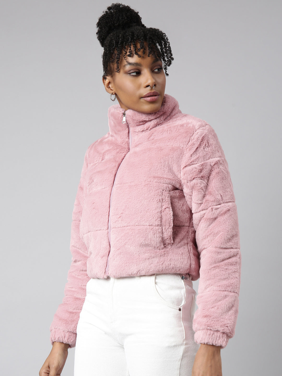 Women's Peach Self Design Faux Fur Puffer Jacket