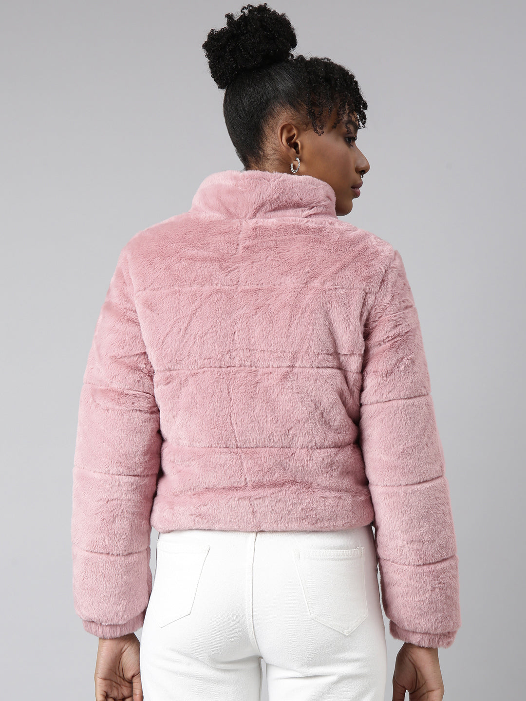Women's Peach Self Design Faux Fur Puffer Jacket