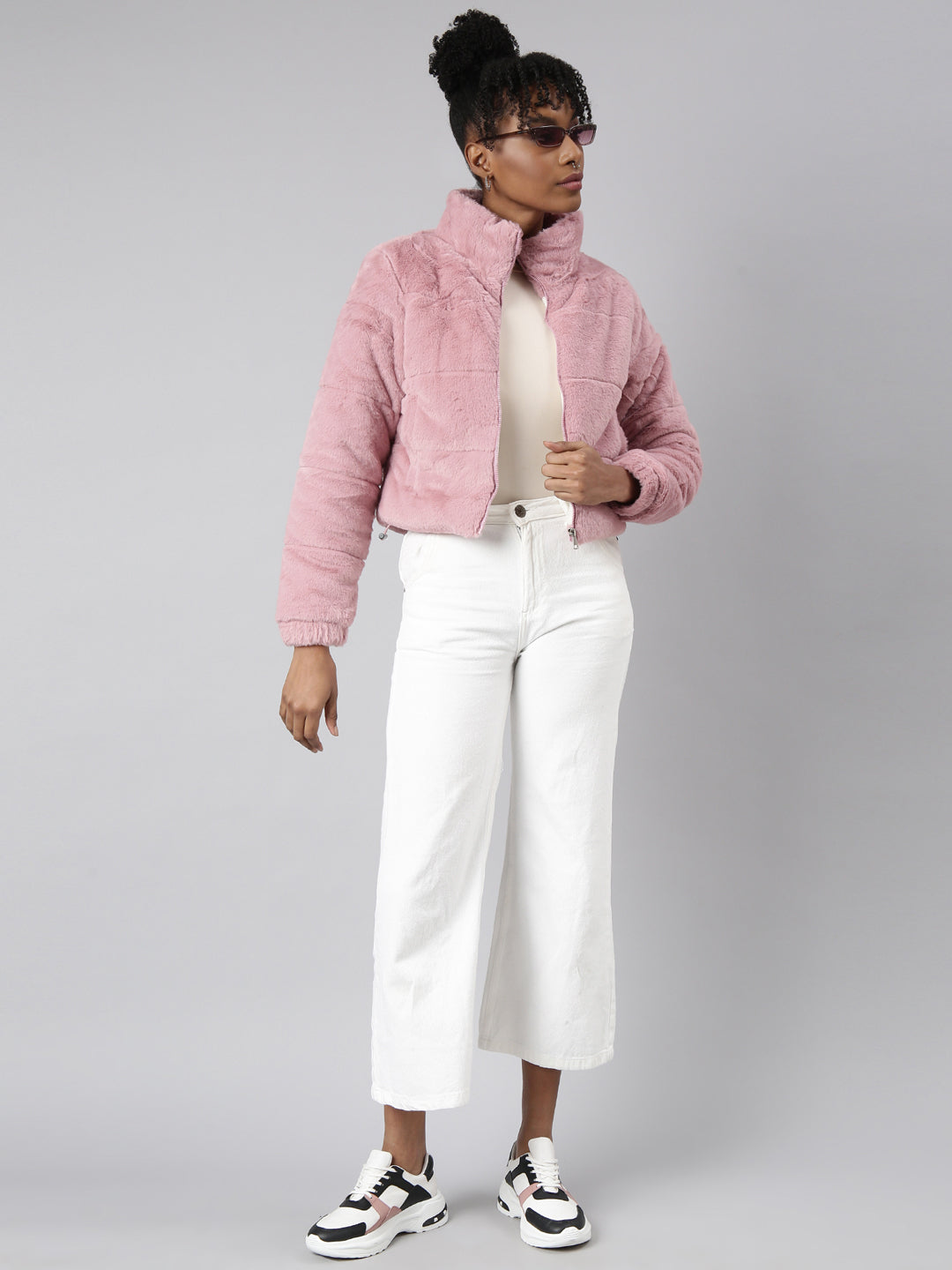 Women's Peach Self Design Faux Fur Puffer Jacket