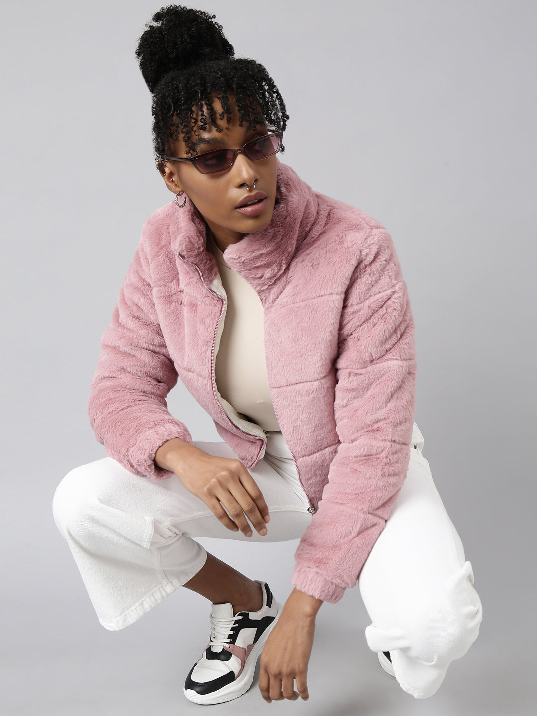 Women's Peach Self Design Faux Fur Puffer Jacket