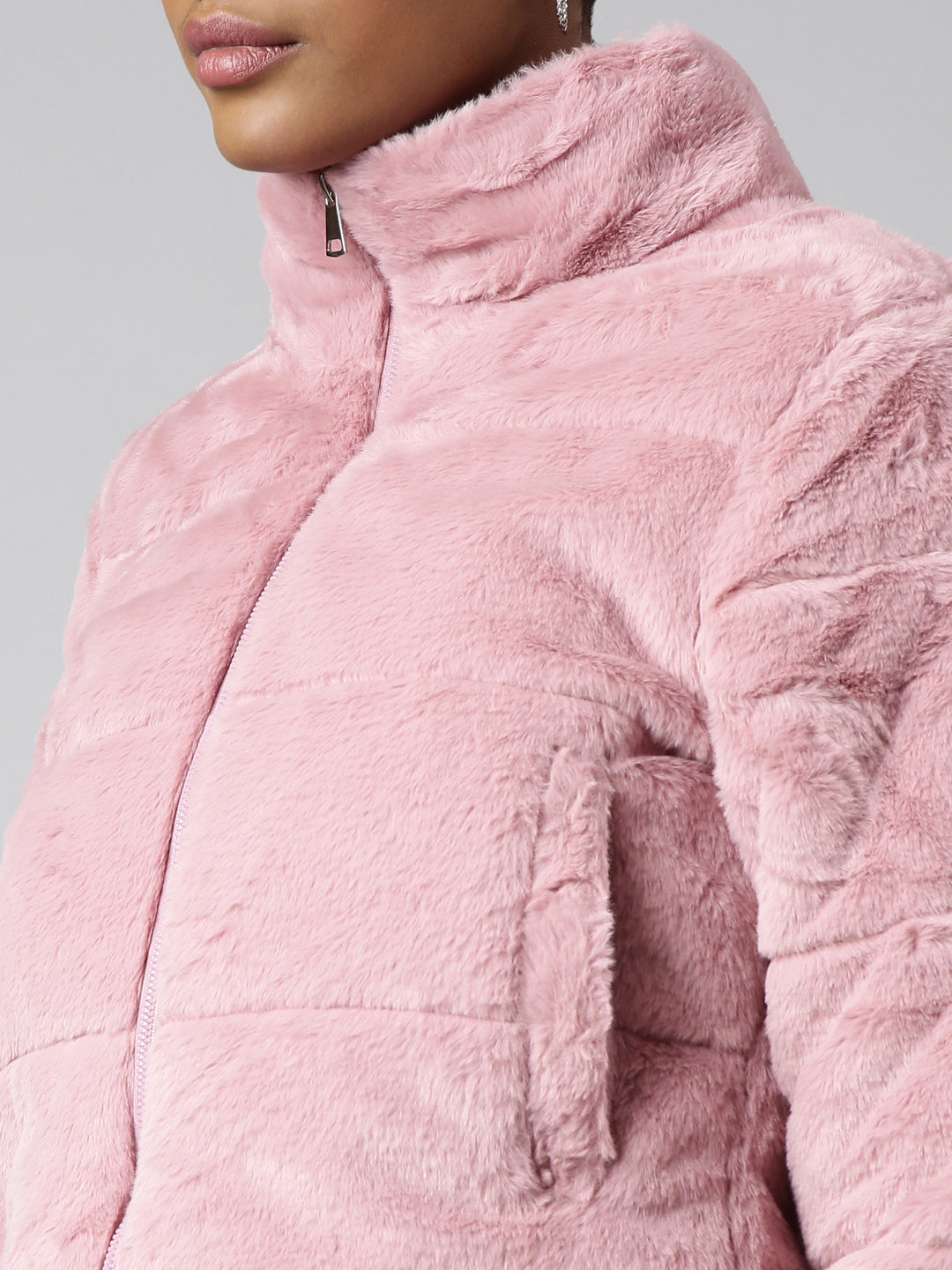 Women's Peach Self Design Faux Fur Puffer Jacket