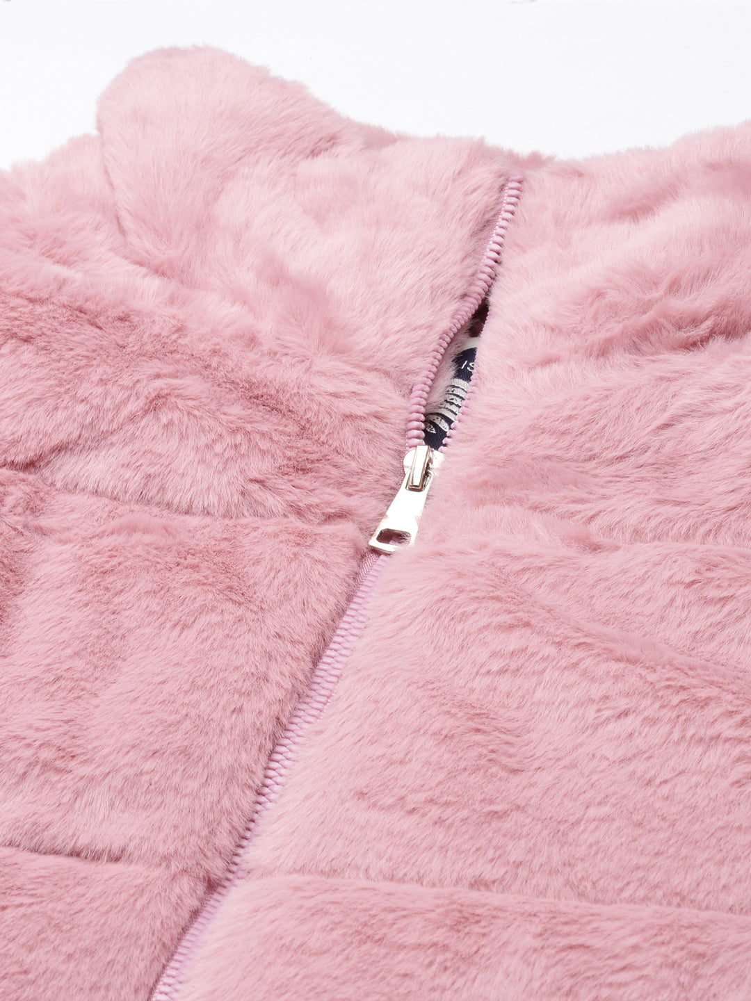Women's Peach Self Design Faux Fur Puffer Jacket