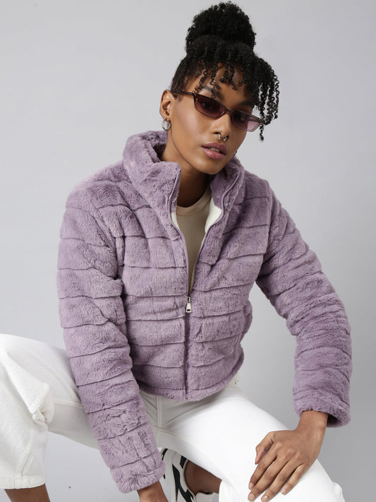 Women's Lavender Faux Fur Crop Puffer Jacket