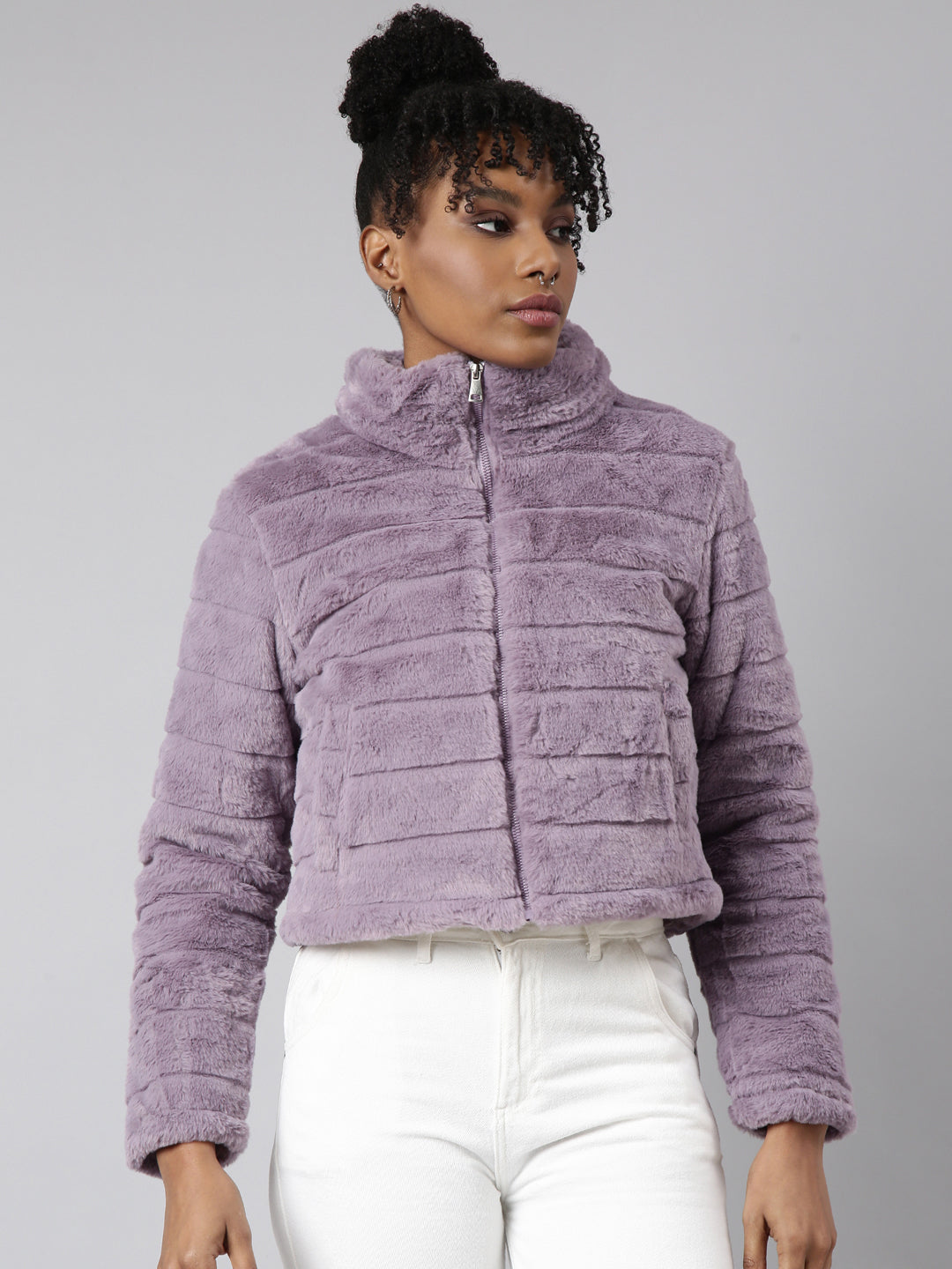 Women's Lavender Faux Fur Crop Puffer Jacket