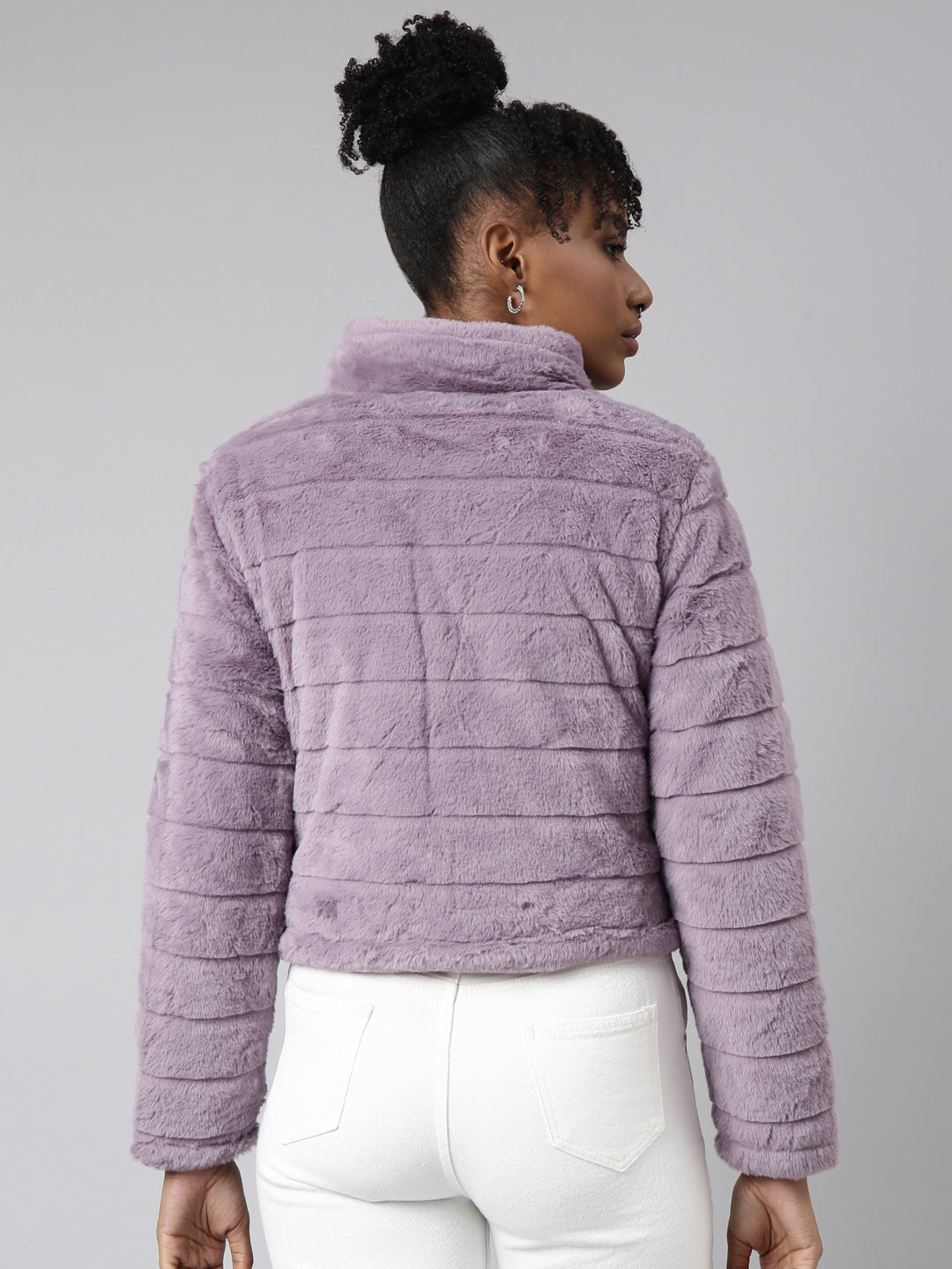 Women's Lavender Faux Fur Crop Puffer Jacket