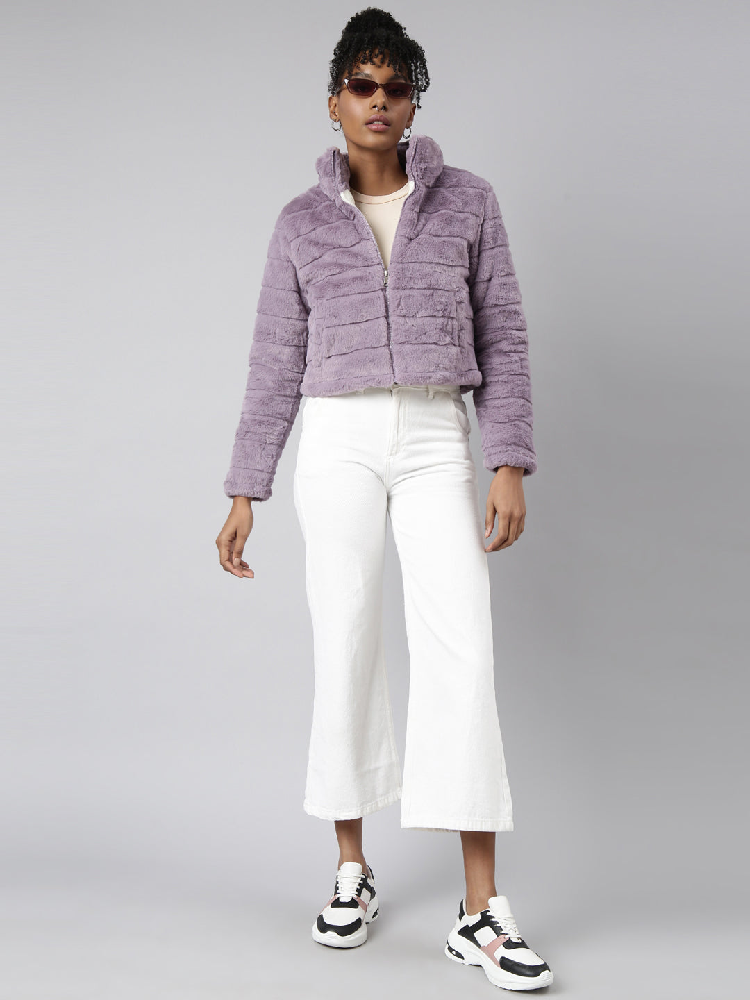 Women's Lavender Faux Fur Crop Puffer Jacket