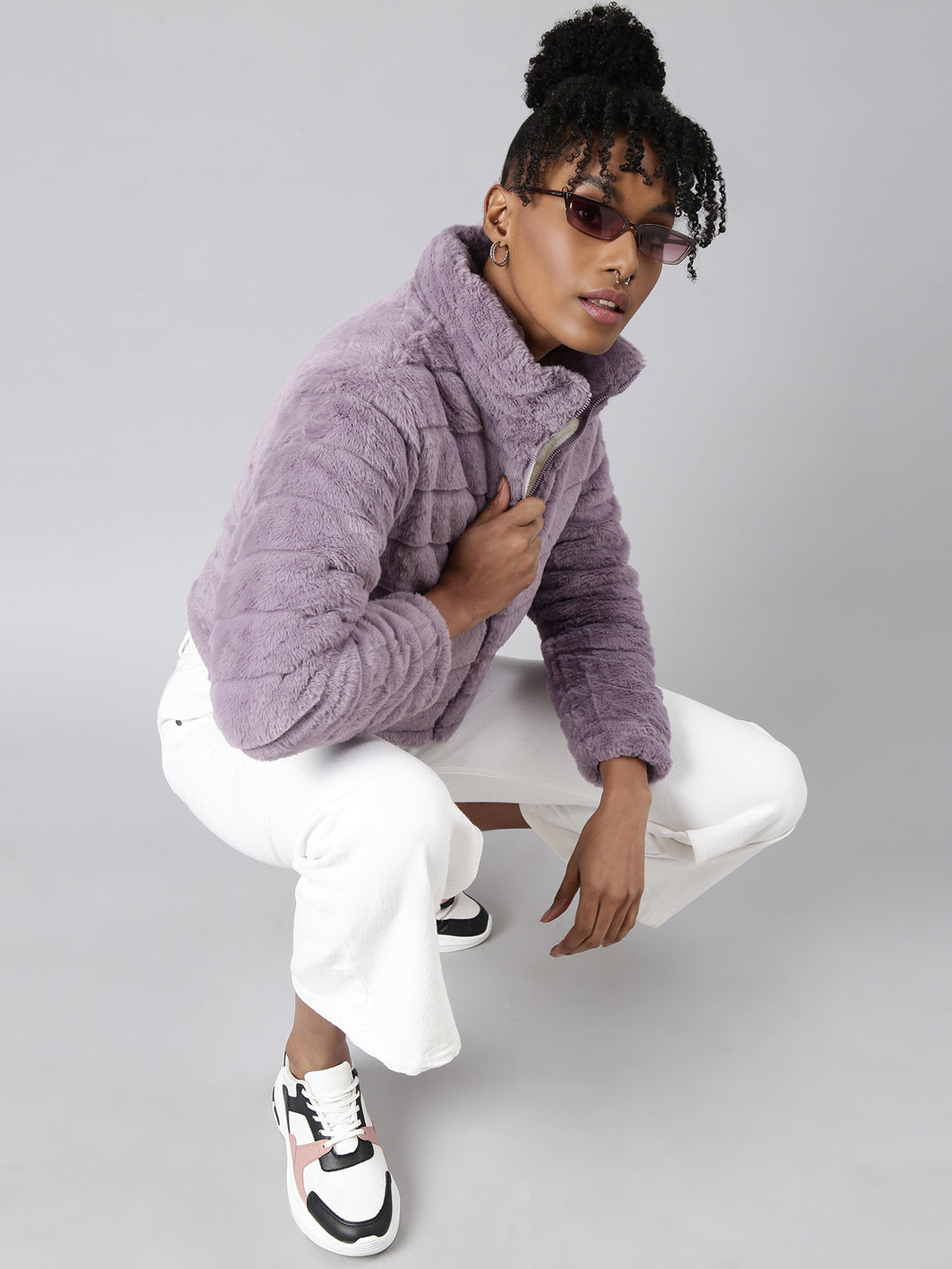 Women's Lavender Faux Fur Crop Puffer Jacket