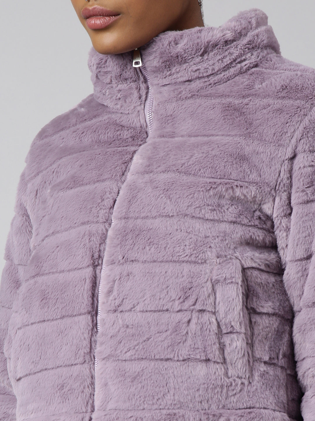 Women's Lavender Faux Fur Crop Puffer Jacket