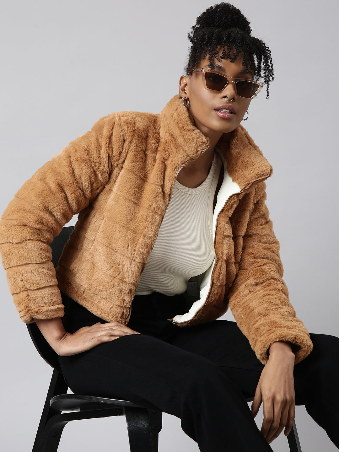Women's Mustard Mock Collar Open Front Puffer Jacket