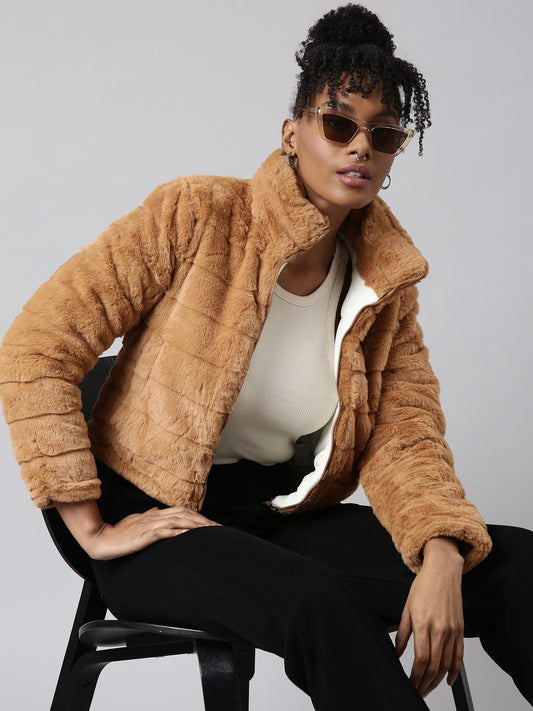 Women's Mustard Mock Collar Open Front Puffer Jacket
