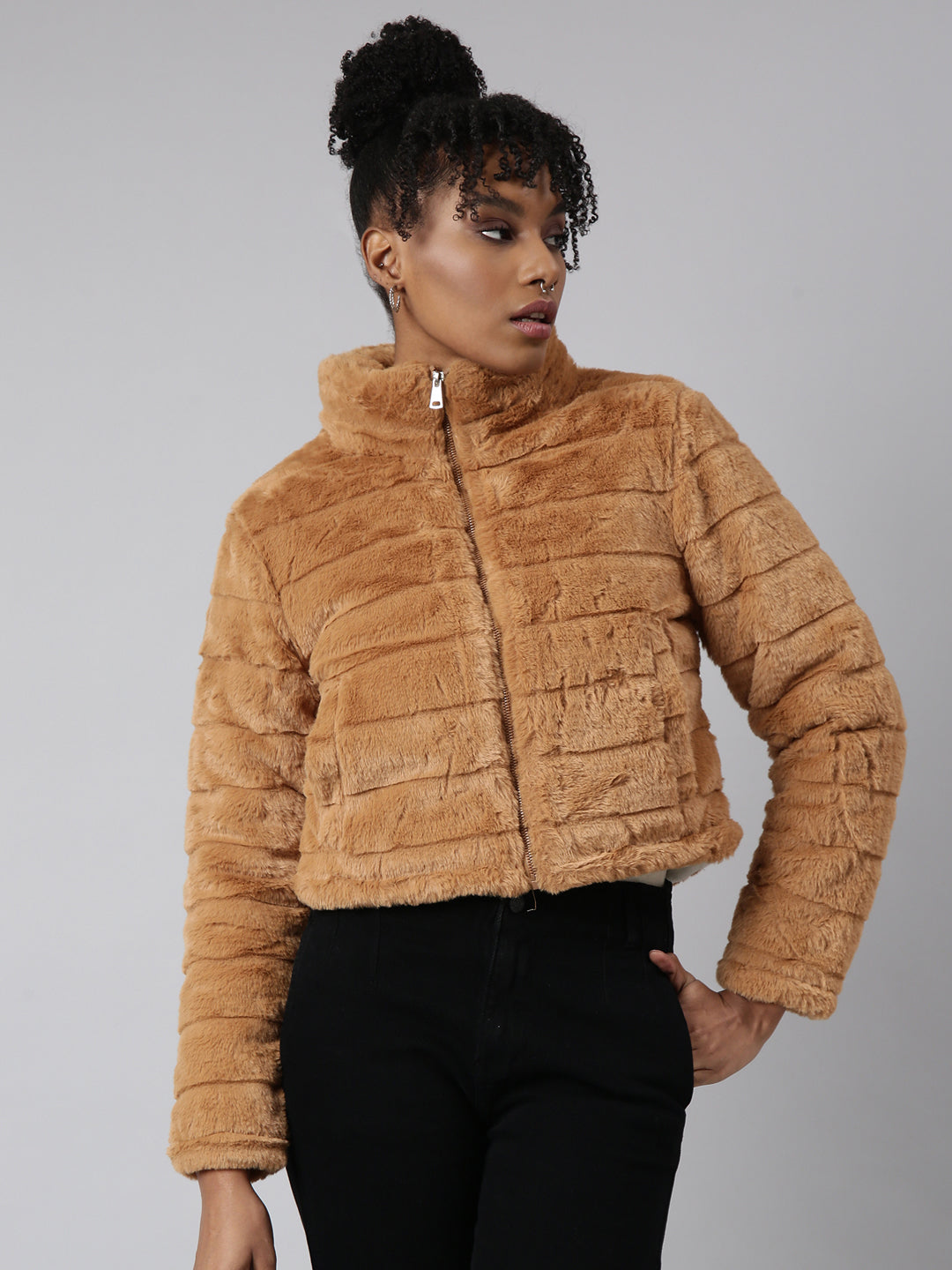 Women's Mustard Mock Collar Open Front Puffer Jacket