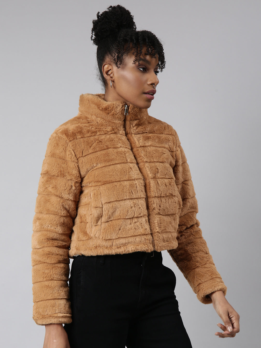 Women's Mustard Mock Collar Open Front Puffer Jacket