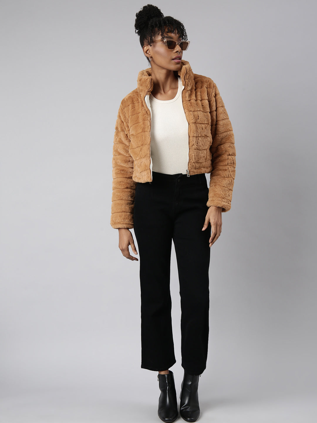 Women's Mustard Mock Collar Open Front Puffer Jacket