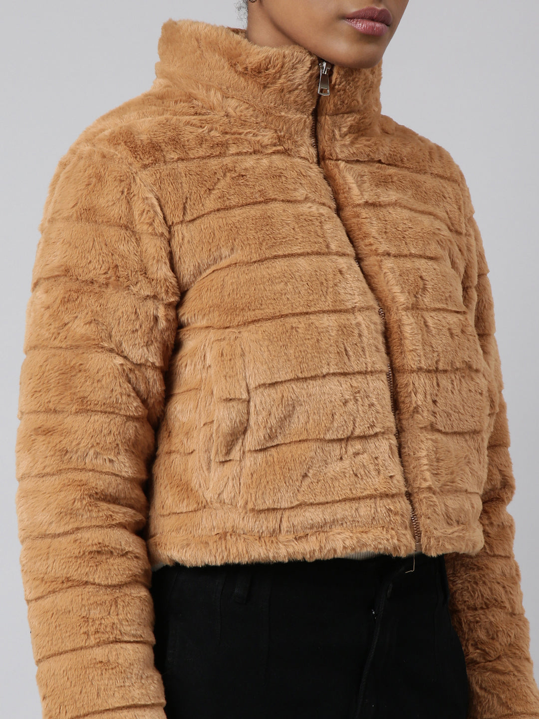 Women's Mustard Mock Collar Open Front Puffer Jacket