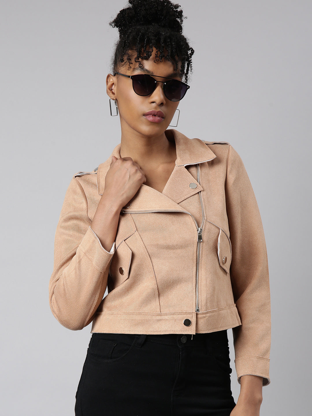 Women's Beige Suede Biker Jacket