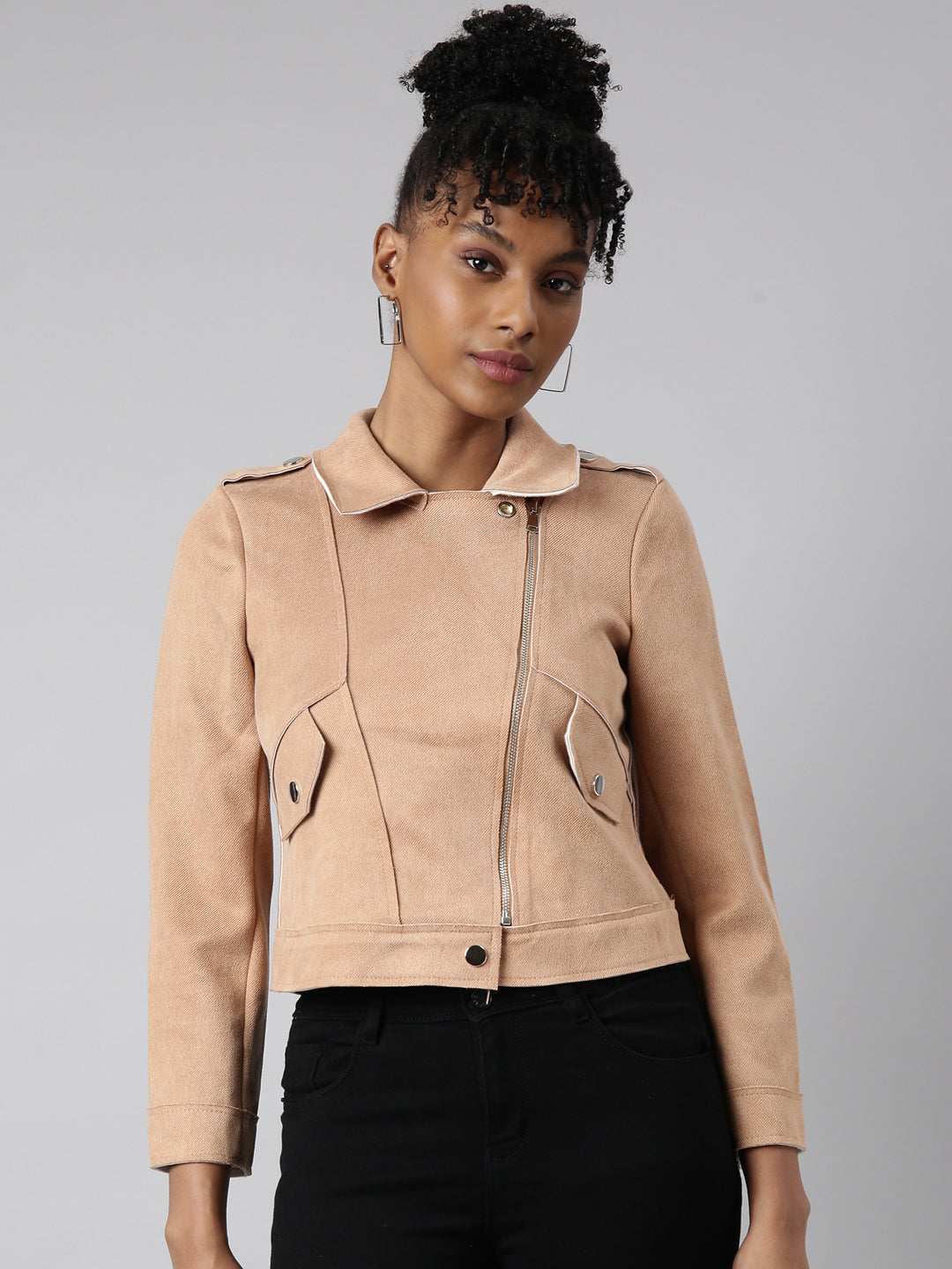 Women's Beige Suede Biker Jacket