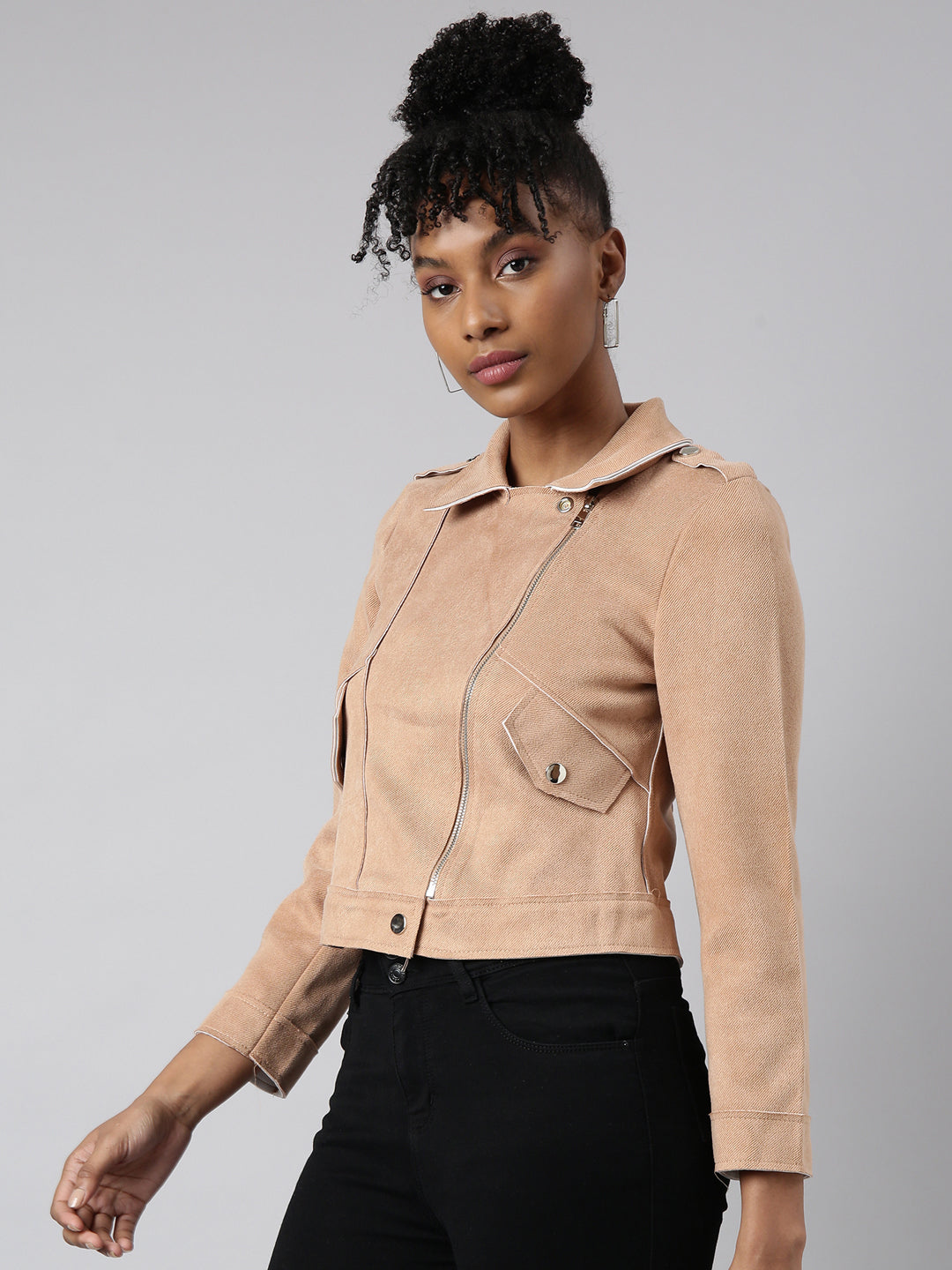Women's Beige Suede Biker Jacket