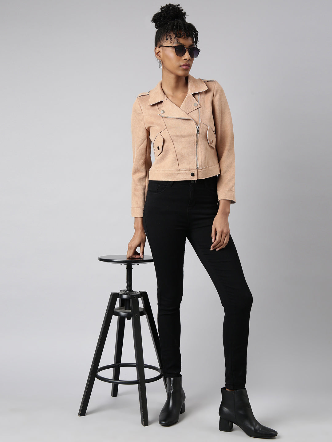 Women's Beige Suede Biker Jacket