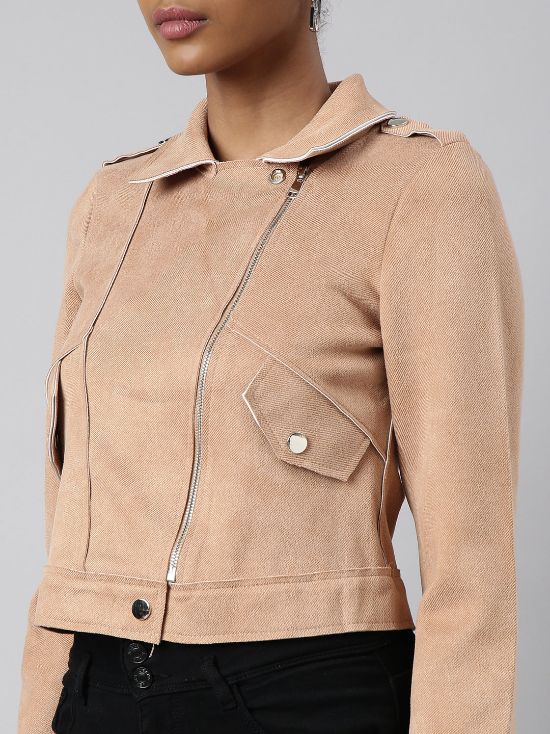 Women's Beige Suede Biker Jacket