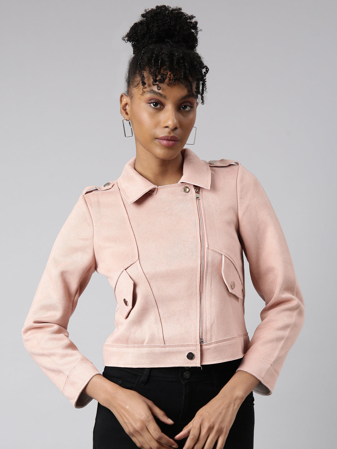 Women's Solid Peach Biker Jacket
