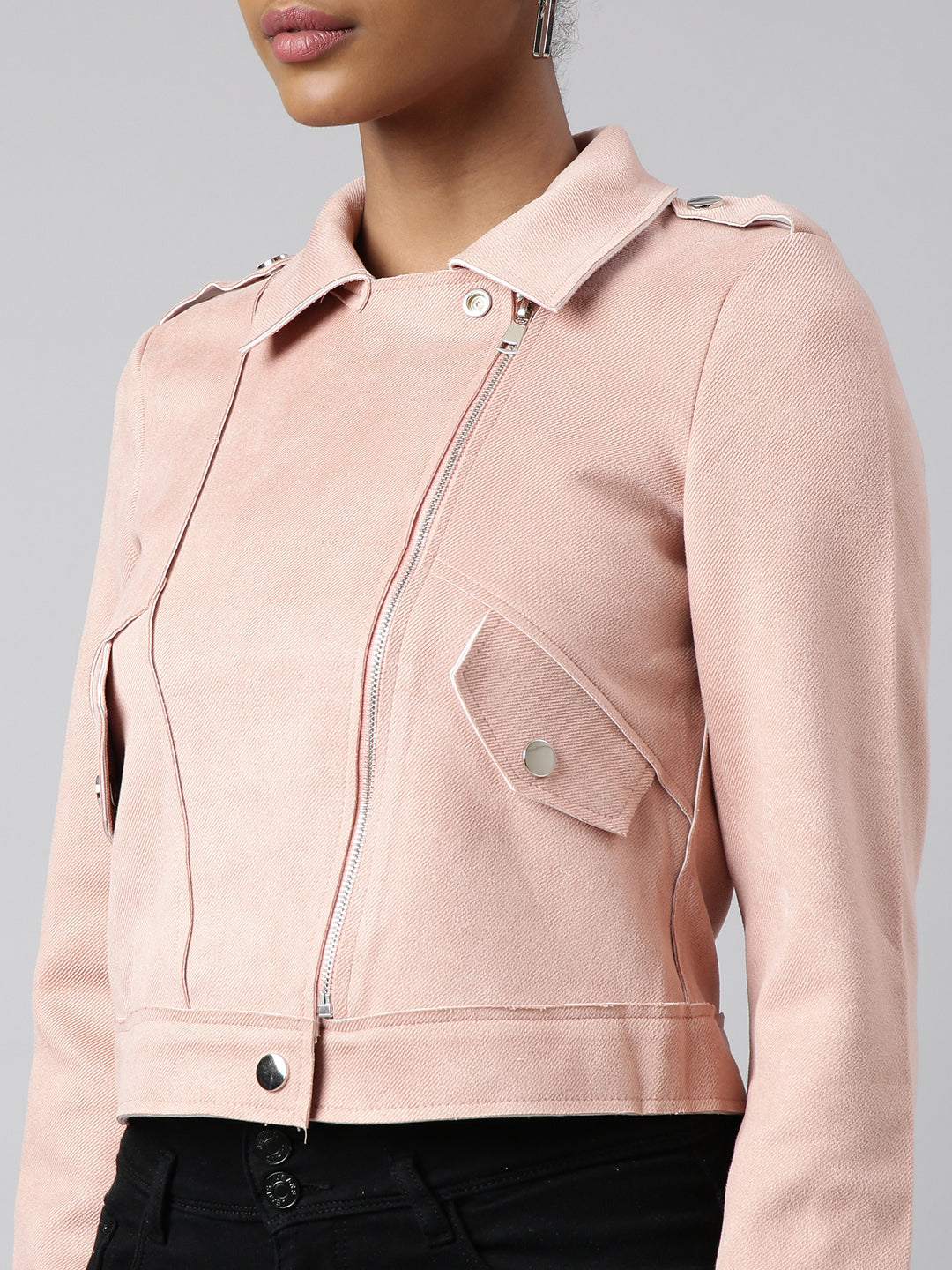 Women's Solid Peach Biker Jacket