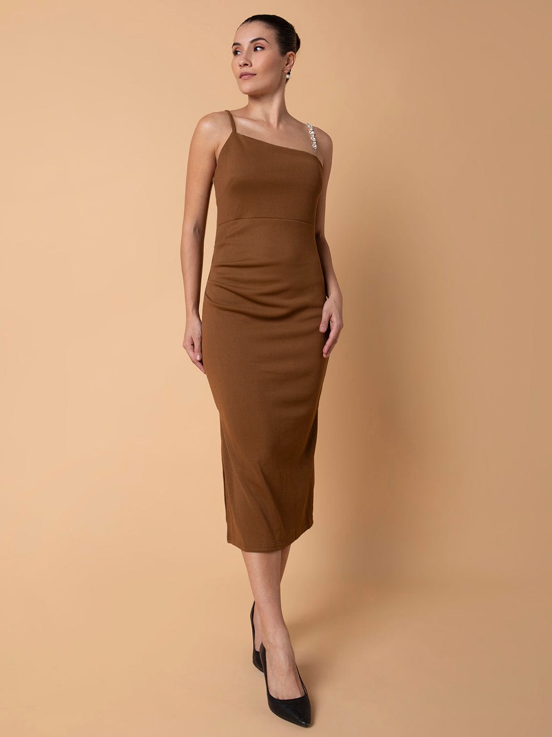 Women's Casual Solid Brown Midi Sheath Dress
