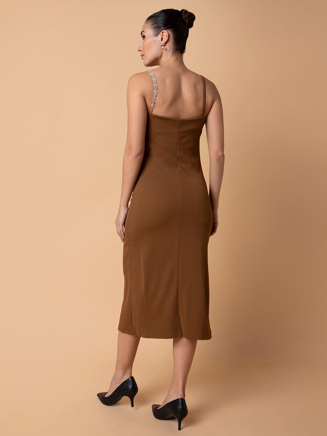 Women's Casual Solid Brown Midi Sheath Dress