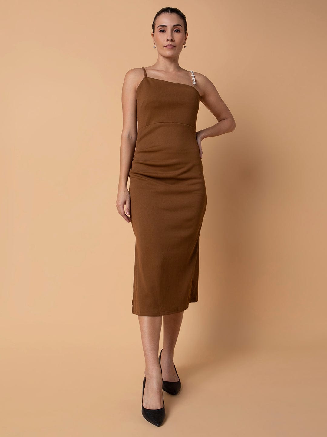 Women's Casual Solid Brown Midi Sheath Dress