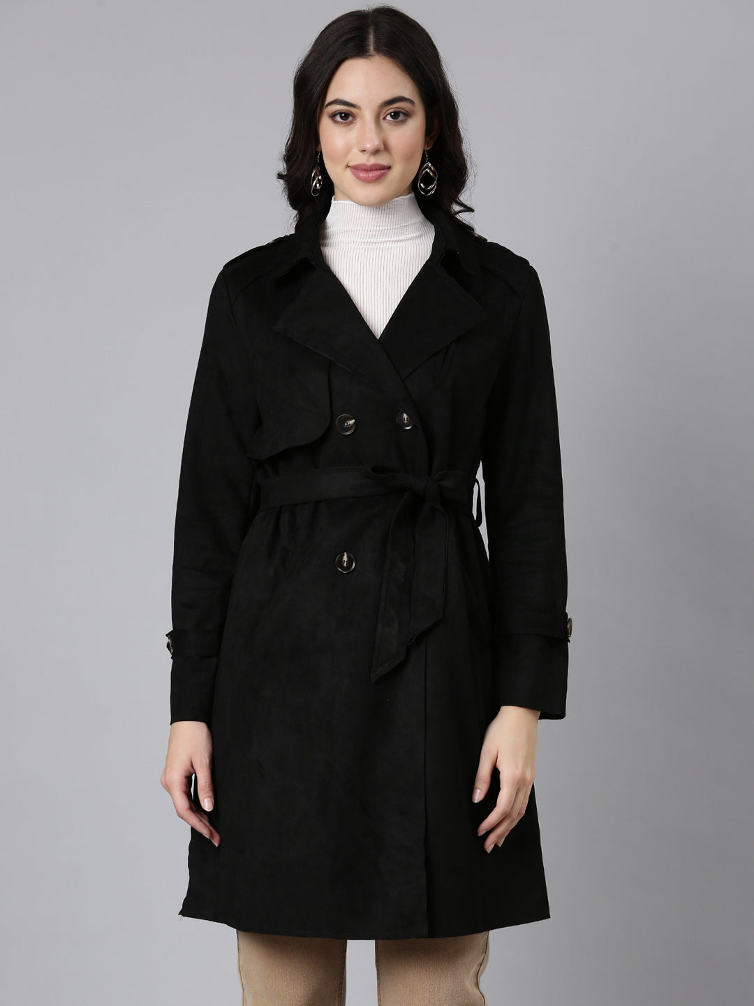 Women's Solid Longline Black Trench Coat with Belt